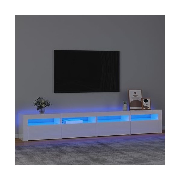 Meuble TV, Banc TV Support de Télévision Table TV Bas Armoire Basse Meuble TV avec lumières LED Blanc Brillant 240x35x40 cm