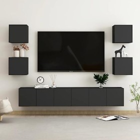 Ensemble de Meubles TV 7 pcs Noir Aggloméré - Meuble TV de Salon Banc Télé Industriel, Support Rangement Console Jeux Etagère