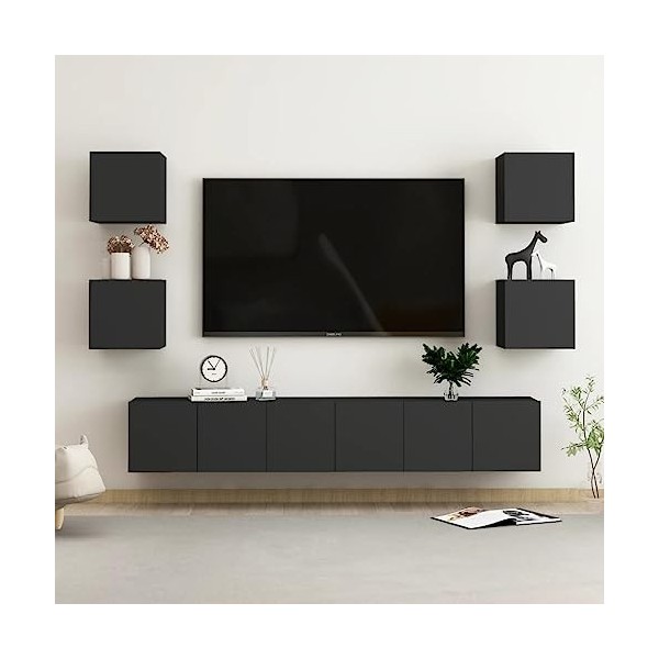 Ensemble de Meubles TV 7 pcs Noir Aggloméré - Meuble TV de Salon Banc Télé Industriel, Support Rangement Console Jeux Etagère