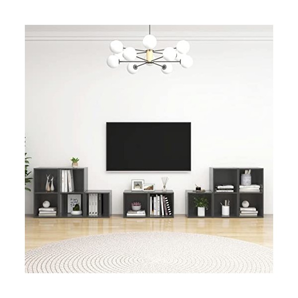 Camerina Ensemble de Meubles TV 8 pcs Gris Brillant Aggloméré,Meuble TV,Table Basse Salon Meuble TV,Table Basse LED Couleurs