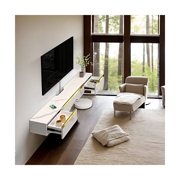 Pmnianhua Meuble TV suspendu - Meuble TV bas moderne - Étagère murale multimédia - Grand rangement avec 1 porte et 2 tiroirs 