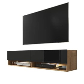 Selsey Wander - Meuble TV/Banc TV 140 cm, chêne wotan/Noir Brillant, avec LED 