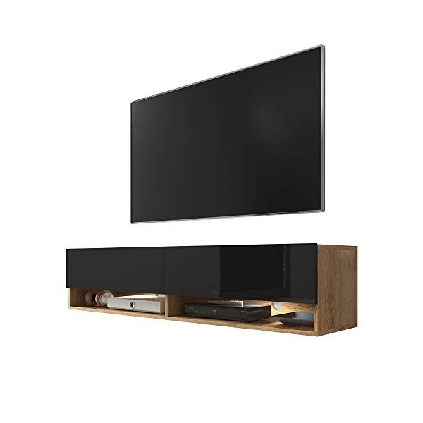 Selsey Wander - Meuble TV/Banc TV 140 cm, chêne wotan/Noir Brillant, avec LED 