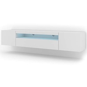 Lowboard Aura Armoire TV, 200&nbsp;cm, à suspendre ou à poser, basse, buffet, meuble HiFi, table, blanc mat avec LED 