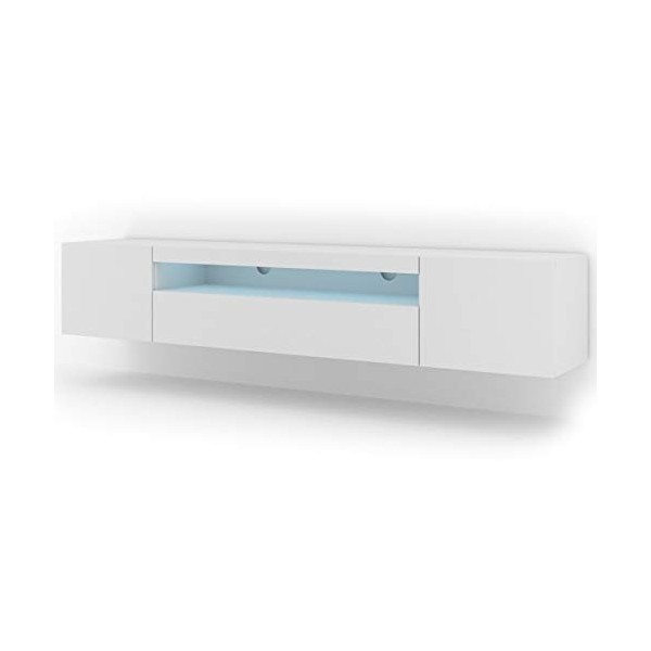 Lowboard Aura Armoire TV, 200&nbsp;cm, à suspendre ou à poser, basse, buffet, meuble HiFi, table, blanc mat avec LED 