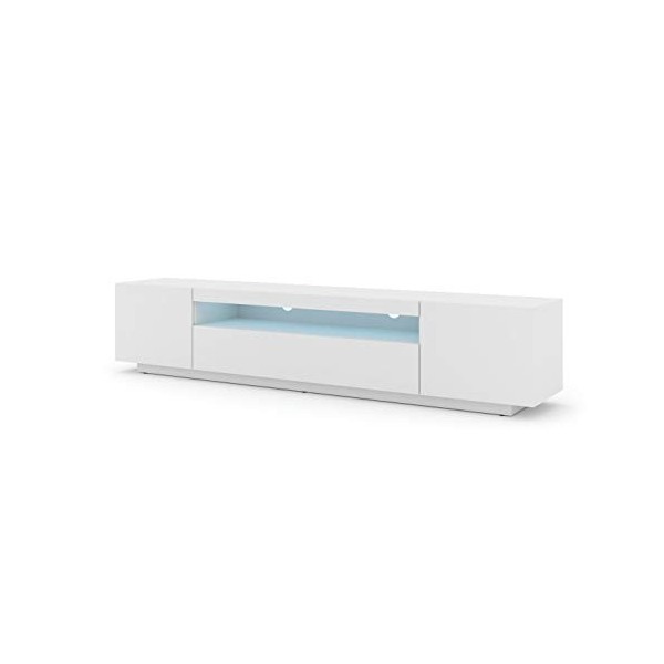 Lowboard Aura Armoire TV, 200&nbsp;cm, à suspendre ou à poser, basse, buffet, meuble HiFi, table, blanc mat avec LED 
