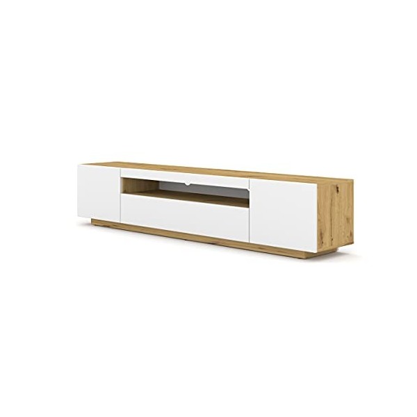Meuble TV lowboard 200 cm - Meuble TV - Commode HiFi - Chêne Artisan - Façades blanches - Armoire autoportante blanc avec LE