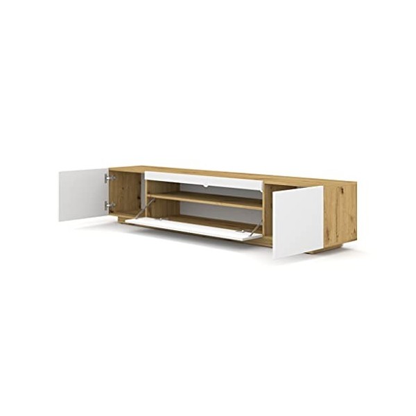 Meuble TV lowboard 200 cm - Meuble TV - Commode HiFi - Chêne Artisan - Façades blanches - Armoire autoportante blanc avec LE