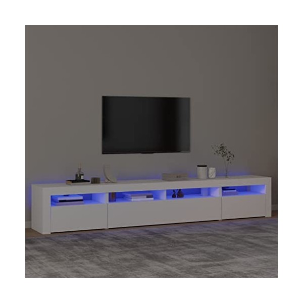 Hovothy Meuble TV avec Lumières LED Colorées Blanc 240x35x40 cm Bois dingénierie Armoire Vidéo Style Tendance Meuble Média D