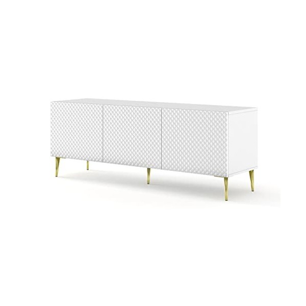 BIM Furniture Ravenna C Meuble TV 3D 150 cm avec façade fraisée haute brillance, pieds en métal et diamant corps : blanc mat