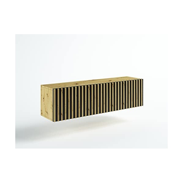 Meuble TV avec Porte Lamelles en Bois MDF Artisan Chêne Meuble de Salon Lowboard Support Bank TV Meuble de Rangement Télévise