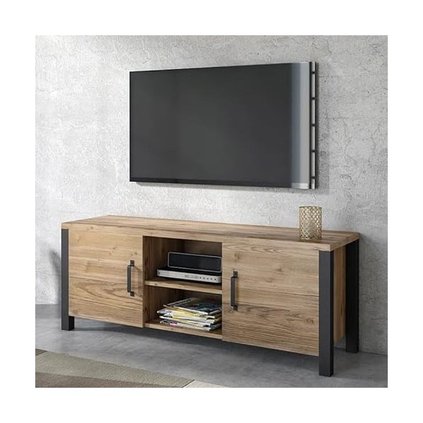 PRICE FACTORY just for you Meuble TV 150cm Collection Darwin. Couleur épicéa et Noir. 2 Portes et 2 niches