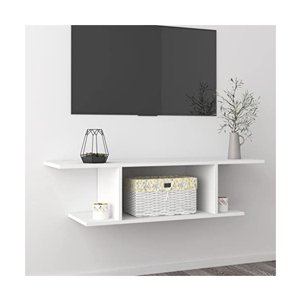 Meuble TV Murale | Style Contemporain | Rangement matériel télé Audio Video Gaming | 103x30x26,5cm Blanc