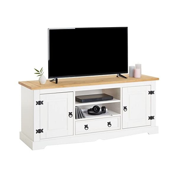 IDIMEX Meuble TV Tequila Banc télé de 140 cm en Bois Style Mexicain avec 1 tiroir 2 niches et 2 Portes, en pin Massif lasuré 