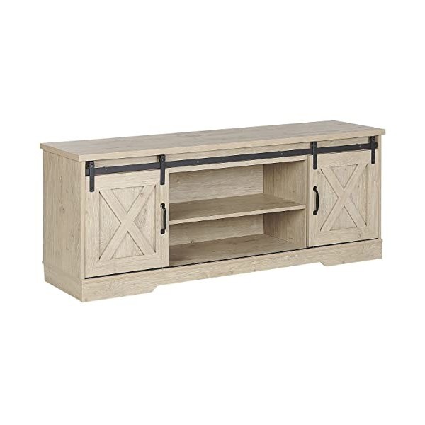 Meuble TV Effet Bois Clair avec 2 Compartiments à Portes Coulissantes et Étagères Meuble de Rangement Élégant pour Intérieur