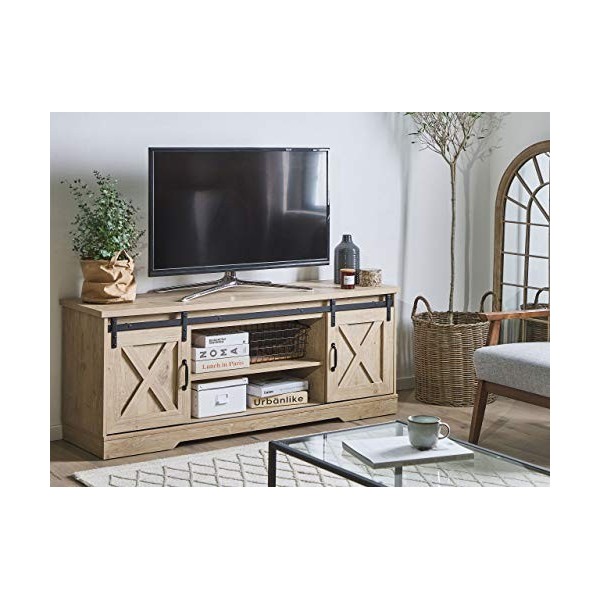 Meuble TV Effet Bois Clair avec 2 Compartiments à Portes Coulissantes et Étagères Meuble de Rangement Élégant pour Intérieur