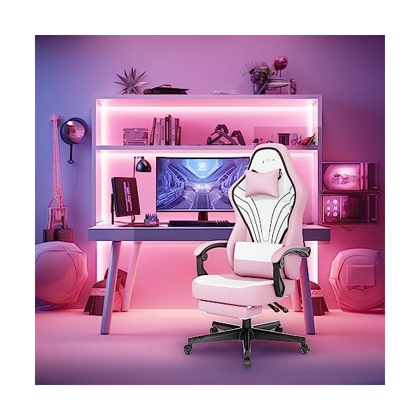 Ulody Chaise de jeu, chaise de gaming avec repose-pieds, chaise de bureau avec appui-tête et coussin lombaire, rotative à 360