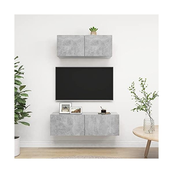 KEAAN Centres de divertissement et meubles TV, ensemble de 2 meubles TV en bois gris béton