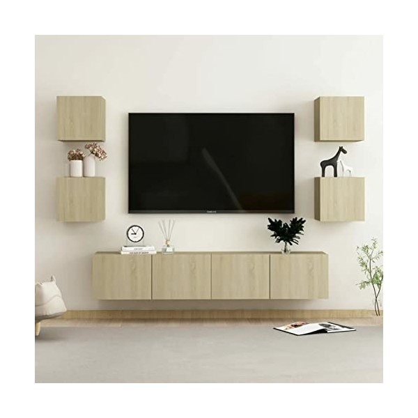 GuyAna Ensemble de Meubles TV 6 pcs Chêne Sonoma Aggloméré,Meuble TV Étagère,Meuble Haut Salon,Meuble dangle TV