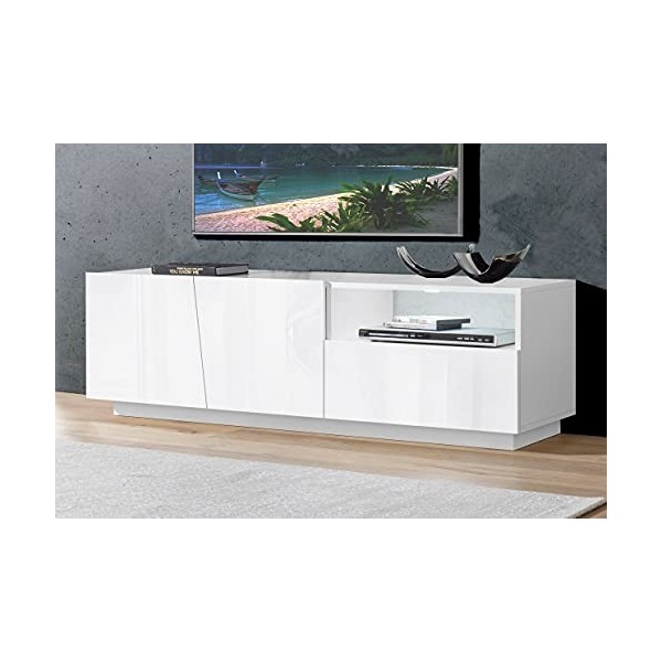 Dmora Meuble TV de salon, Made in Italy, Meuble TV avec 2 portes et 1 tiroir, cm 150x43h46, couleur blanc brillant
