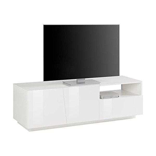 Dmora Meuble TV de salon, Made in Italy, Meuble TV avec 2 portes et 1 tiroir, cm 150x43h46, couleur blanc brillant