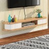EsEntL Meuble TV Flottant, Meuble TV Mural en Bois Massif Mat, Console TV Suspendue pour décodeurs de câble, routeurs, lecteu