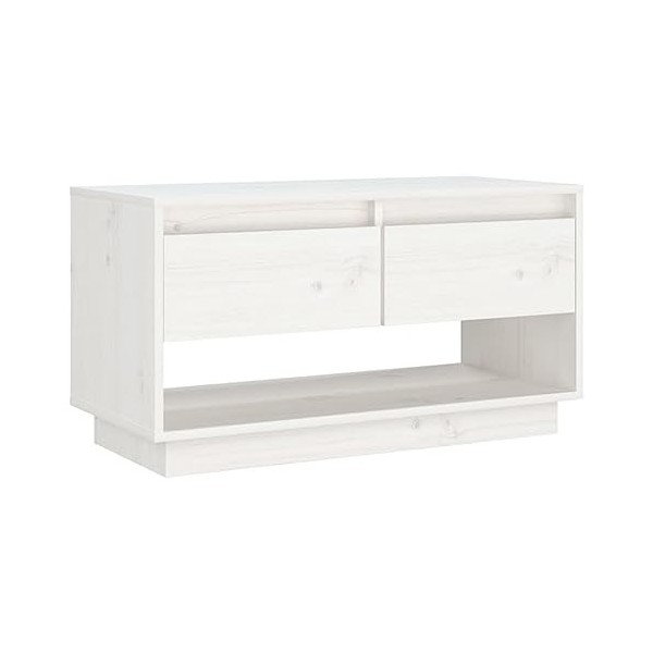 Meuble TV Blanc 74x34x40 cm Bois de pin Massif - Meuble Chambre, Support Télé pour Salon Salle à Manger Chambre, Style Indust