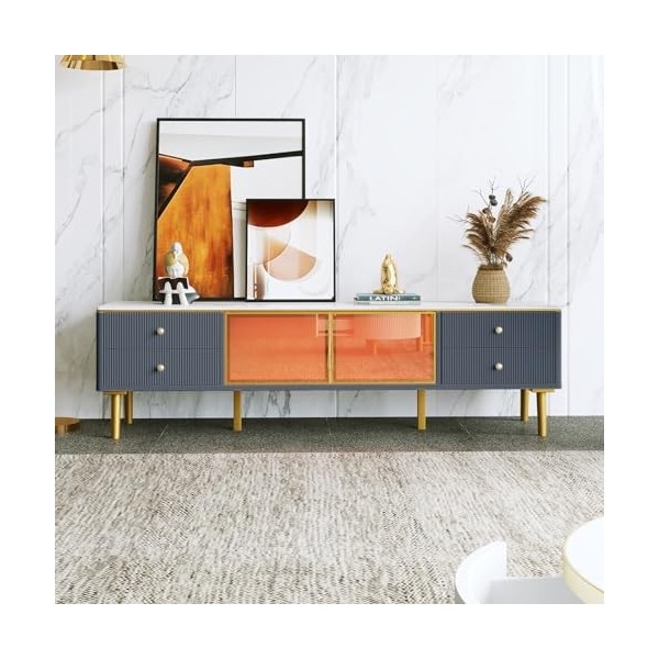 AMDXD Meuble TV moderne aspect marbre avec 4 pieds, 4 tiroirs structurés avec poignées dorées, deux portes marron en verre tr
