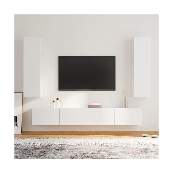 LAPOOH Ensemble de Meubles TV 4 pcs Blanc Bois dingénierie,Meuble TV,Table Basse Salon Meuble TV,Table Basse LED Couleurs