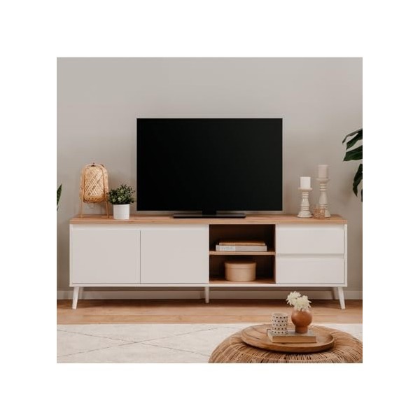 Calicosy Meuble TV 2 Portes, 2 Niches et 2 Tiroirs - Décor Chêne Zamos - Design Contemporain - Panneaux de Particules - pour