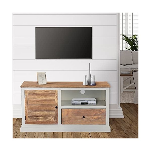 WOMO-DESIGN Meuble TV Kalkutta en Bois Massif de Manguier Laqué - 110x35x57 cm - Naturel/Blanc - Style Campagnard - Buffet Vi