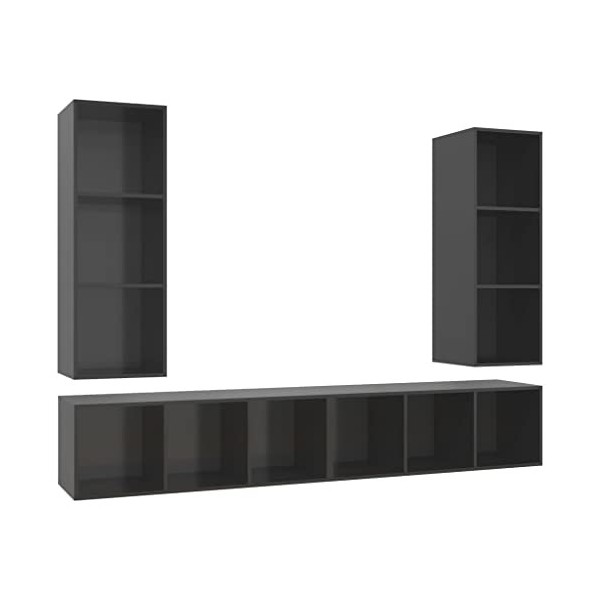 Table Télévision Basse, Simplicité et Élégance Meubles Muraux pour TV 4 pièces Gris avec Brillant Meuble TV Salon avec Grand 
