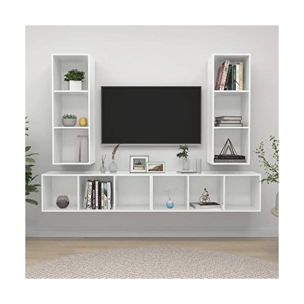Table Télévision Basse, Simplicité et Élégance Meubles Muraux pour TV 4 pièces aggloméré Blanc avec Brillant Meuble TV Salon 