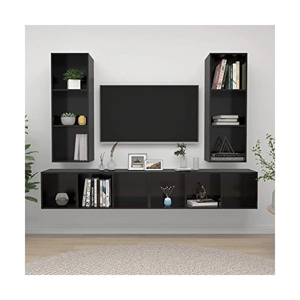 Table Télévision Basse, Simplicité et Élégance Meubles Muraux pour TV 4 pièces aggloméré Noir avec Brillant Meuble TV Salon a
