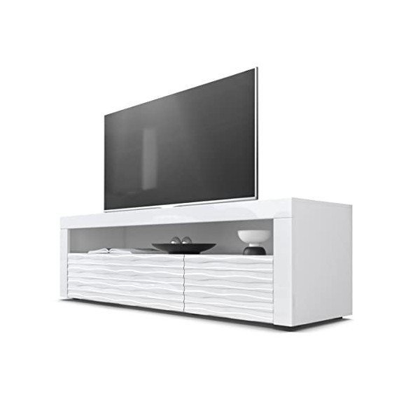 Vladon Buffet Bas Valencia, Meuble TV avec 1 Compartiment Ouvert et 2 clapets, Blanc/Blanc Haute Brillance Harmony Structure 