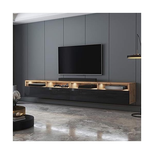 Selsey - REDNAW - Meuble TV - 2x100 cm - chêne wotan/Noir Brillant - avec LED - scandinave – Moderne