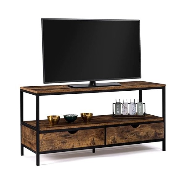 IDMarket - Meuble TV Dayton 2 tiroirs Bois Effet Vieilli Design Industriel 113 cm