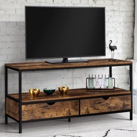 IDMarket - Meuble TV Dayton 2 tiroirs Bois Effet Vieilli Design Industriel 113 cm