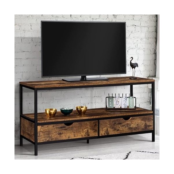 IDMarket - Meuble TV Dayton 2 tiroirs Bois Effet Vieilli Design Industriel 113 cm