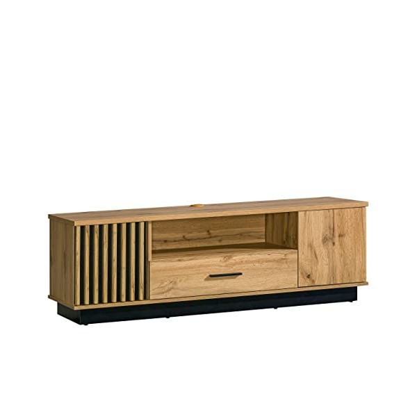 Lanimo LA07 Meuble TV bas avec lamelles décoratives, tiroir, 2 portes et étagères, meuble TV, buffet, meuble TV chêne Wotan/