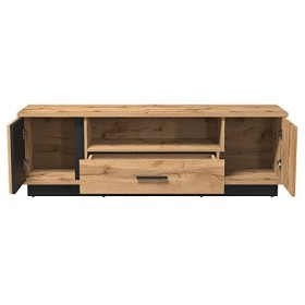 Lanimo LA07 Meuble TV bas avec lamelles décoratives, tiroir, 2 portes et étagères, meuble TV, buffet, meuble TV chêne Wotan/