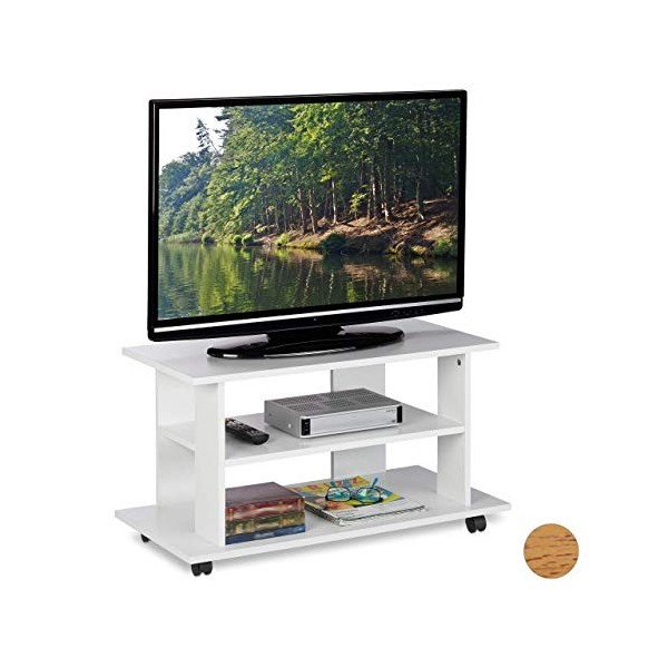Relaxdays Meuble, 2 Compartiments, Console, Receiver, Table TV sur roulettes HlP 45 x80x40cm, Blanc, Panneau de Particules, P