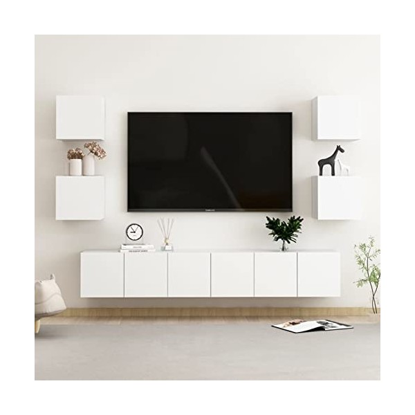 ZEYUAN Ensemble de Meubles TV 7 pcs Blanc Aggloméré,Table Television Salon,Meuble Télé Haut,Meuble TV Haut