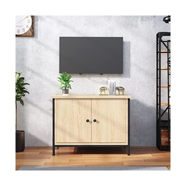 Higsose Meuble TV avec Portes Chêne Sonoma 60x35x45cm Bois dingénierie Meuble de Multimédia avec Pieds en Métal Meuble de Ch