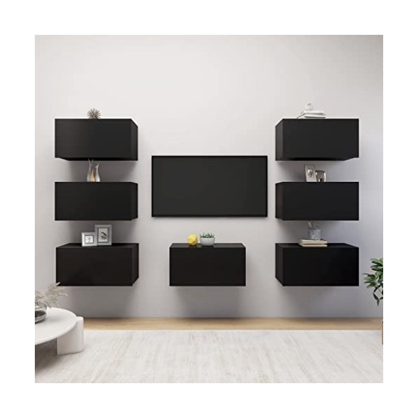 CIADAZ Meubles TV 7 pcs Noir 30,5x30x60 cm Aggloméré,Meuble TV,Table Basse Salon Meuble TV,Table Basse LED Couleurs