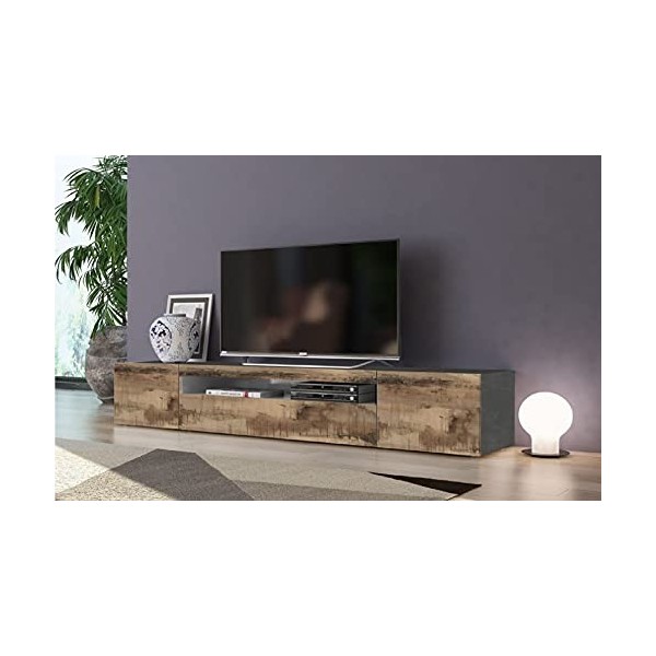 Dmora Meuble TV de salon, Made in Italy, Meuble TV de style industriel avec 3 portes et étagères, cm 200x40h37, couleur Ardoi