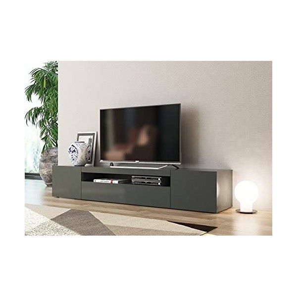 Dmora Meuble TV de salon, Made in Italy, Meuble TV avec 3 portes et étagères, cm 200x40h37, couleur anthracite brillant