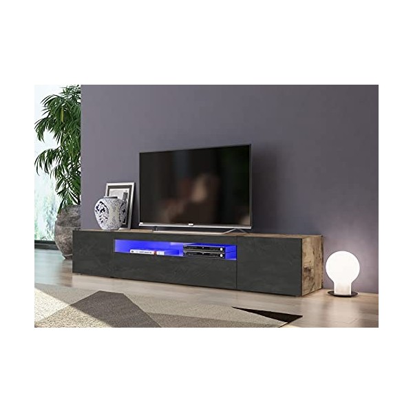 Dmora Meuble TV de salon, Made in Italy, Meuble TV avec 3 portes et étagères, cm 200x40h37, couleur anthracite brillant