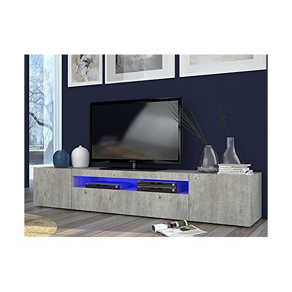 Dmora Meuble TV de salon, Made in Italy, Meuble TV avec 3 portes et étagères, cm 200x40h37, couleur anthracite brillant
