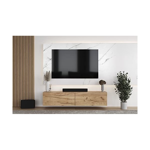 Planetmöbel - Meuble TV - 200 cm - Chêne doré - Meuble TV avec 2 rabats comme espace de rangement, meuble bas suspendu ou deb